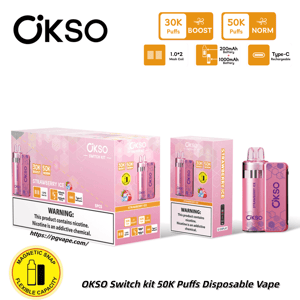 OKSO Switch Kit pink disposable vape with strawberry ice flavor, 50K puffs, shown with pink packaging and device.