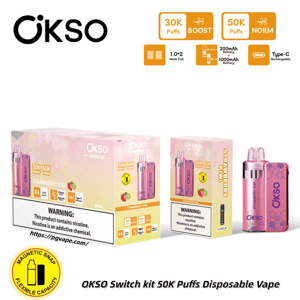 OKSO Switch Kit 50K Puffs disposable vape with pink strawberry-kiwi packaging, shown with two boxes and a pink device.