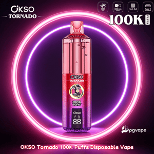 Pink OKSO Tornado disposable vape bottle with 100K puffs, centered inside glowing neon pink rings