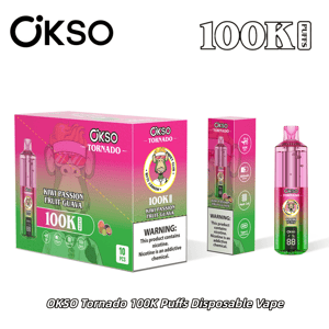 OKSO Tornado 100K disposable vape packaging and pink device with Kiwi Passion Fruit Guava flavor.