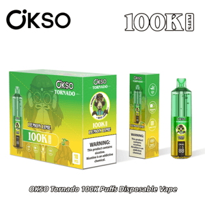 OKSO Tornado 100K Puffs Lemon Lime disposable vape shown with green-yellow packaging and the matching device.