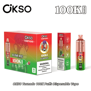 OKSO Tornado 100K Puffs disposable vape packaging with a red-to-green gradient and a monkey logo.