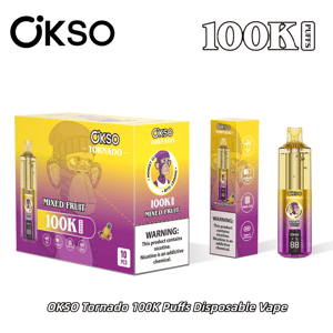 OKSO Tornado 100K Puffs disposable vape packaging in yellow and purple gradient with a cartoon monkey logo and a matching vape pen.