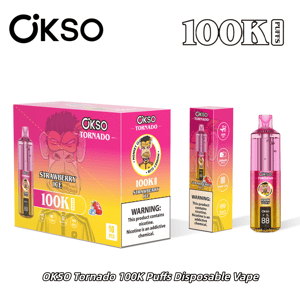 OKSO Tornado 100K disposable vape packaging in a pink-to-yellow gradient with strawberry ice flavor, shown with a pink vape device.