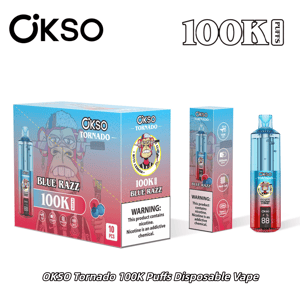 OKSO Tornado Blue Razz disposable vape box and bottle, 100K puffs, featuring a cartoon monkey logo and warning label