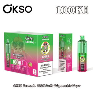 OKSO Tornado 100K Strawberry Kiwi disposable vape packaging and device with green-to-pink gradient branding.