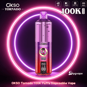 OKSO Tornado disposable vape in a pink-to-purple gradient with 100K puffs, shown against neon ring background