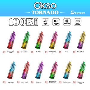 OKSO Tornado banner with 100K Puffs icons and twelve colorful vape devices labeled 01 Cherry Soft Candy to 12 Strawberry Kiwi