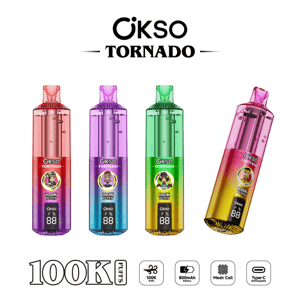 Four colorful ÖKSO Tornado disposable vape devices in red, purple, green and pink, each with a 100K puffs label.