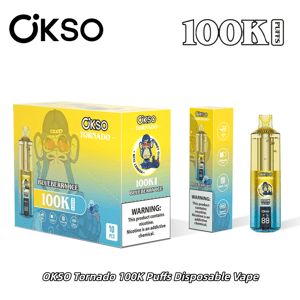 OKSO Tornado 100K Puffs disposable vape in blueberry ice flavor, shown with yellow packaging and a gold-toned device.