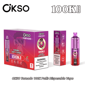 OKSO Tornado 100K Puffs disposable vape in purple packaging featuring cherry soft candy flavor and a pink device.