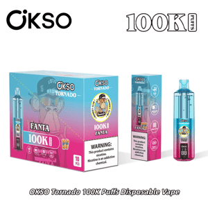 OKSO Tornado 100K disposable vape packaging in blue-pink gradient, with a box and a blue device labeled Fanta and 100K