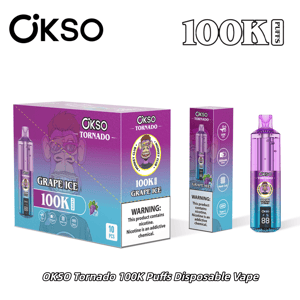 OKSO Tornado 100K Puffs disposable vape kit with purple gradient packaging and grape ice flavor, shown with device and boxes.