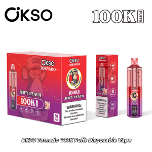 OKSO Tornado 100K Puffs disposable vape, Juicy Peach flavor, shown with red and purple boxes and a pink device.