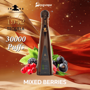 Brun vape-enhet märkt 1942 TEQUILA bland blandade bär på en guldröd bakgrund, med 30 000 puffar och MIXED BERRIES text.