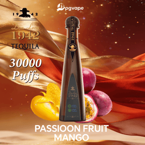 Triangulär brun vape-enhet märkt 1942 Tequila, omgiven av passionsfrukt och mangobilder, som främjar 30 000 puffar och smak av passionsfruktmango.