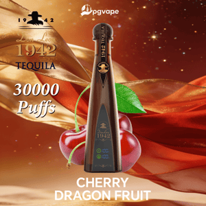 Brun triangulär vape pod märkt 1942 Tequila med 30000 puffar, visad bredvid körsbär och Cherry Dragon Fruit-smak.
