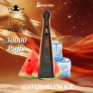 Droppformad vapeapparat med tequila-smak med en Tequila-etikett från 1942, bredvid vattenmelon och is, 30 000 puffar.