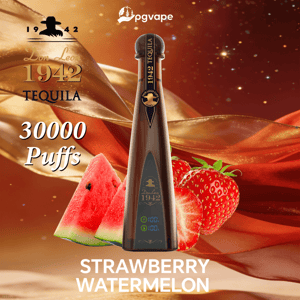 Droppformad vape-enhet märkt 1942 Tequila, med vattenmelon och jordgubbsbilder och 30 000 pufftext mot en guldröd bakgrund.
