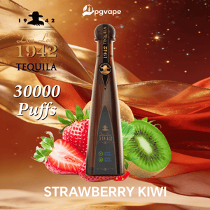 Brun teardrop vape märkt 1942 Tequila sitter bredvid jordgubbar och kiwi, smak Strawberry Kiwi, med 30000 puffar.