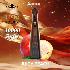 Brun kilformad vape-enhet märkt 1942 Tequila, mot persikor och en varm orange bakgrund, med 30 000 puffar och Juicy Peach.