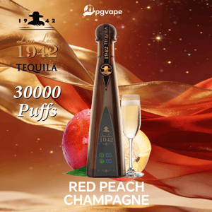 Hög brun flaskformad vape-enhet med en svart och guld- Tequila-etikett från 1942, bredvid en persika och ett champagneglas, reklam för Red Peach Champagne och 30 000 puffar.