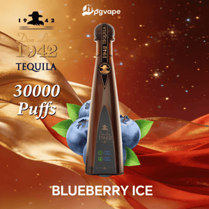 Hög vape-enhet med tequila-tema med en Tequila-etikett från 1942, placerad bland blåbär på en eldig bakgrund, med reklam för Blueberry Ice och 30 000 puffar.