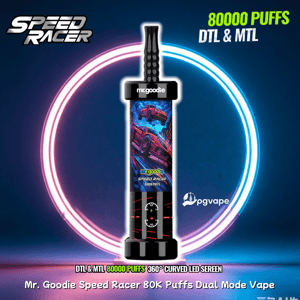 Speed Racer 80K puff dual mode vape device with neon LED ring and “80000 Puffs” text on blue background