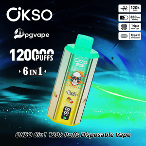 OKSO 6in1 disposable vape with neon-green cap and skull artwork, 120k puffs; 850mAh, triple mesh coil, Type-C recharge.