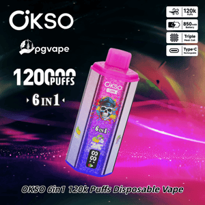 OKSO 6in1 disposable vape, pink cap, colorful skull artwork, advertises 120k puffs.