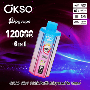 OKSO 6in1 disposable vape with skull graphic, 120k puffs, 850mAh battery, triple mesh coil, Type-C recharge.