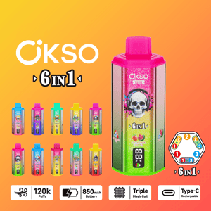 Bright orange gradient ad for OKSO 6in1 vape with a large pink glitter skull-label bottle and a row of colorful mini bottles.
