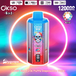 OKSO 6in1 120k Puffs disposable vape with a blue cap and skull artwork on a pink-to-blue gradient body, glowing ring backdrop.