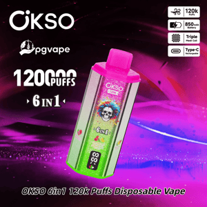 OKSO 6in1 disposable vape with pink mouthpiece and rainbow skull design, labeled 120k puffs.