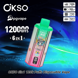 OKSO 6in1 disposable vape with green mouthpiece, rainbow metallic body and skull artwork, advertised as 1200 puffs