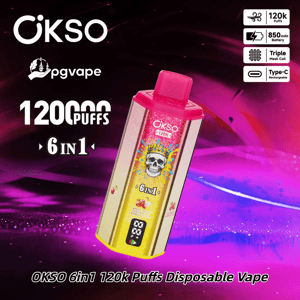 OKSO 6in1 disposable vape with pink‑gold gradient and skull, 120k puffs; 850mAh battery, triple mesh coil, Type-C charging.