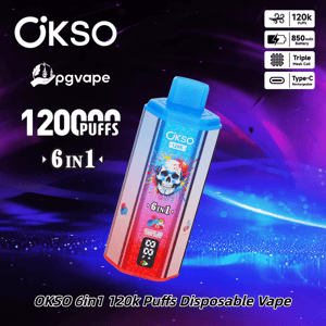 OKSO 6in1 disposable vape with blue cap and skull artwork, labeled 120k Puffs, against a purple cosmic background.