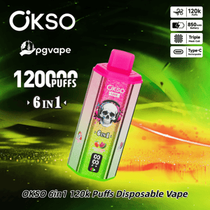 OKSO 6in1 disposable vape pink cap, rainbow body with skull design, 120k puffs; 850mAh battery, triple mesh coil, Type-C.