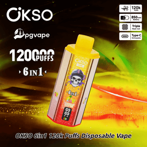 OKSO 6in1 disposable vape with a yellow mouthpiece, colorful gradient body, and skull graphic indicating 1200 puffs.