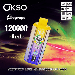 OKSO 6in1 disposable vape with a yellow mouthpiece and purple gradient body, featuring a skull wearing a cowboy hat