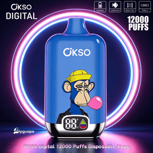 Blue OKSO Digital disposable vape with cartoon monkey blowing bubble, 12000 puffs, neon ring background