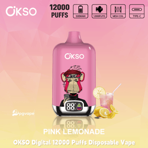 OKSO Digital 12000 Puffs disposable vape in Pink Lemonade flavor with 500mAh battery, mesh coil, and Type-C charging icons displayed