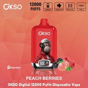 Red OKSO Digital 12000 Puffs disposable vape, Peach Berries flavor, with battery display and Type-C charging icons