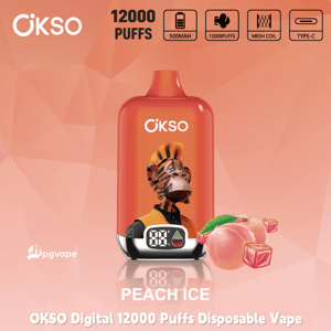 OKSO Digital 12000 Puffs disposable vape in Peach Ice flavor with 500mAh battery, mesh coil, and Type-C charging icons
