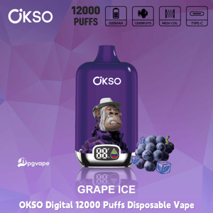 Purple OKSO Digital disposable vape labeled Grape Ice, 12000 puffs, 500mAh, mesh coil, Type-C, with grape graphics