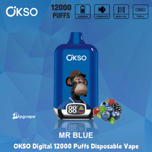 Blue OKSO Digital disposable vape labeled MR Blue with cartoon ape, 12000 puffs, 500mAh, mesh coil, Type-C, berry flavor graphic