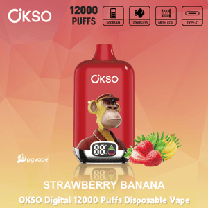 Red OKSO Digital 12000 Puffs disposable vape, Strawberry Banana flavor, 500mAh battery, mesh coil, Type-C charging