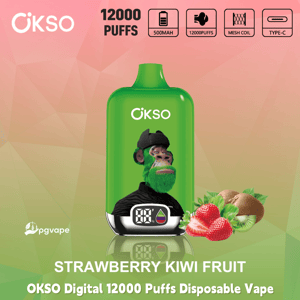 Green OKSO Digital 12000 Puffs disposable vape, strawberry kiwi flavor, with display, 500mAh battery and Type-C charging icons