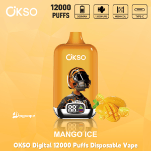 OKSO Digital 12000 Puffs disposable vape in Mango Ice flavor, orange device with display, 500mAh battery, mesh coil, Type-C charging