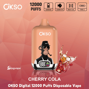 OKSO Digital 12000 Puffs disposable vape in Cherry Cola flavor with 500mAh battery, mesh coil, and Type-C charging icons